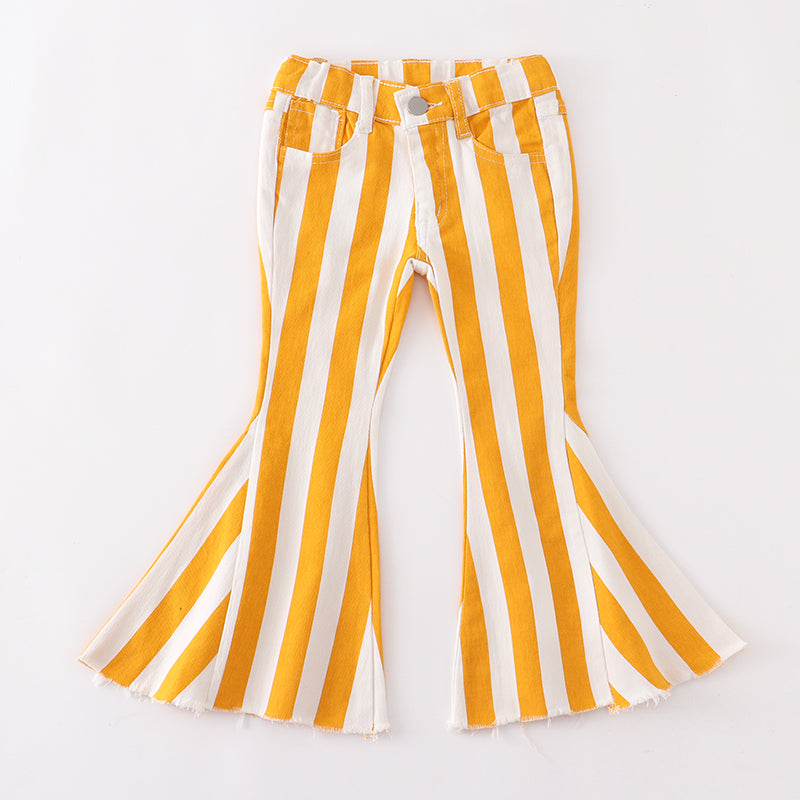 (In Stock E01-03-01)Girls Mustard White Stripe Jeans Flare Pants