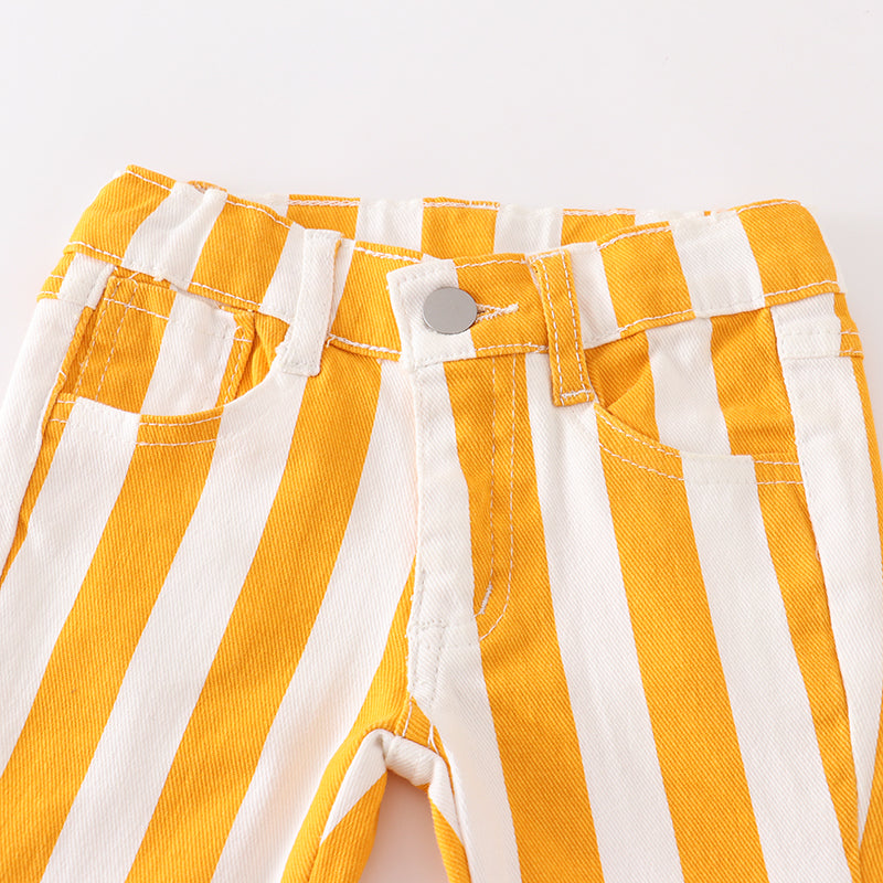 (In Stock E01-03-01)Girls Mustard White Stripe Jeans Flare Pants