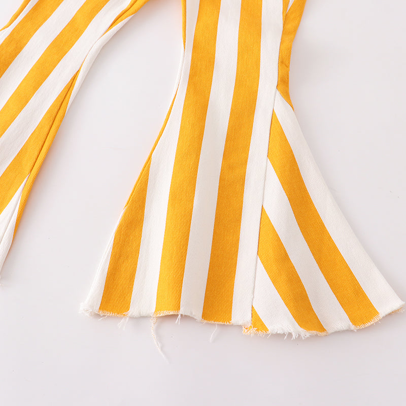 (In Stock E01-03-01)Girls Mustard White Stripe Jeans Flare Pants