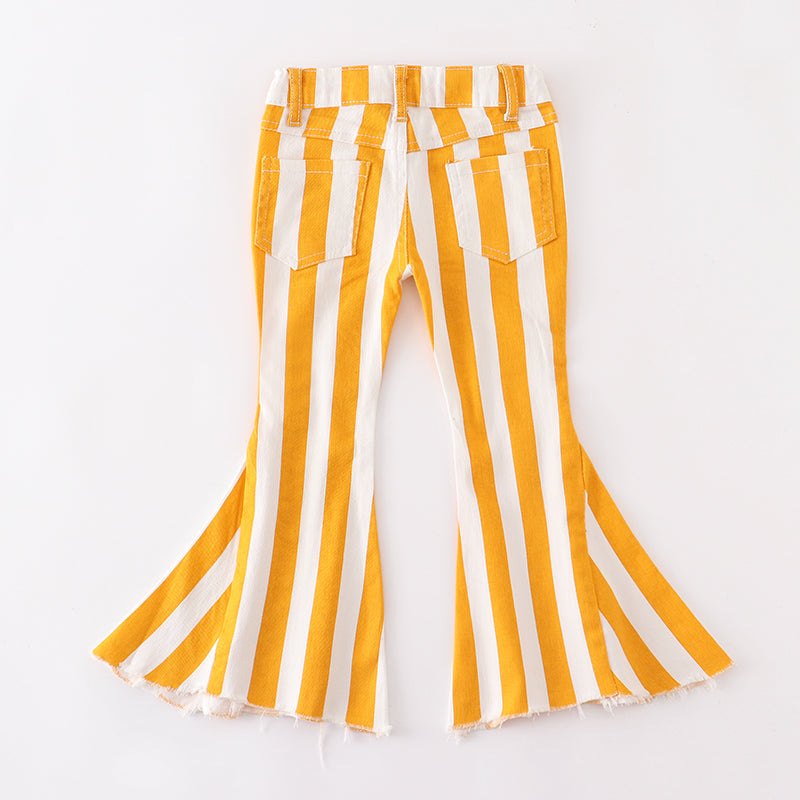 (In Stock E01-03-01)Girls Mustard White Stripe Jeans Flare Pants