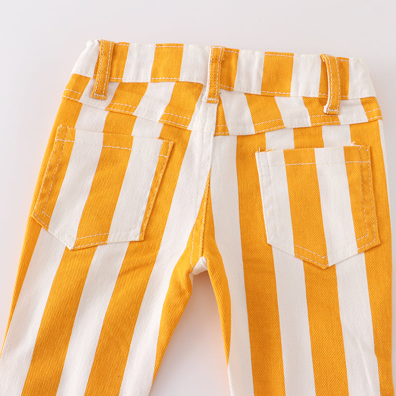 (In Stock E01-03-01)Girls Mustard White Stripe Jeans Flare Pants