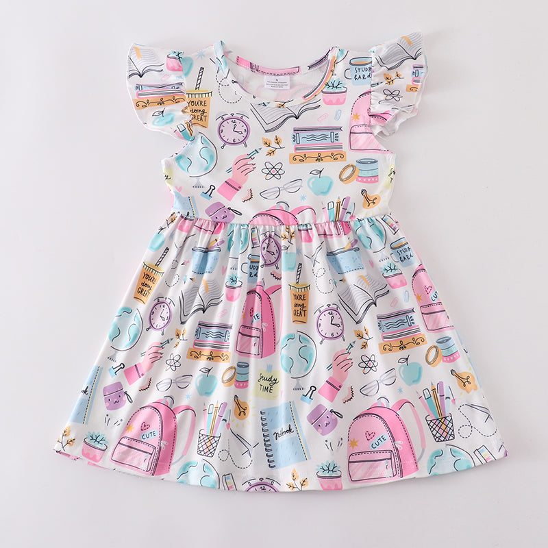 (Pre Order)Back To School Pink Blue Print Dress