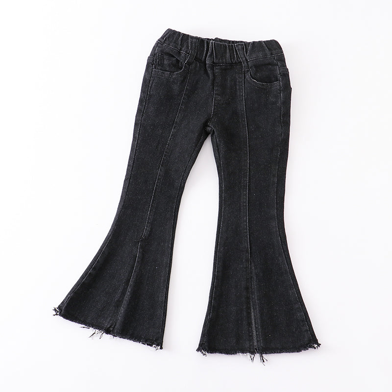 (In Stock E01-01-02)Girls' Black Elastic Waist Split Hem Flared Jeans