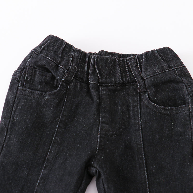 (In Stock E01-01-02)Girls' Black Elastic Waist Split Hem Flared Jeans