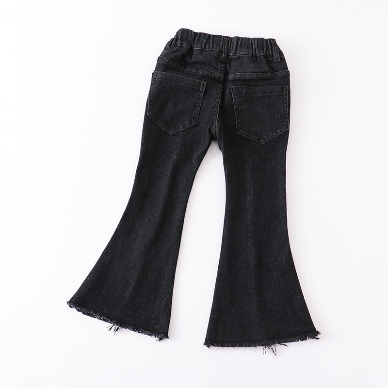 (In Stock E01-01-02)Girls' Black Elastic Waist Split Hem Flared Jeans