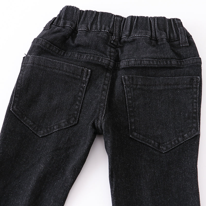 (In Stock E01-01-02)Girls' Black Elastic Waist Split Hem Flared Jeans