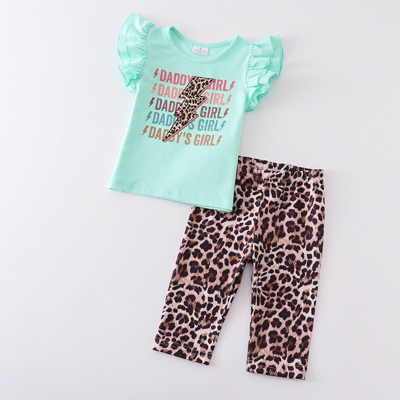 (In Stock E11-01-02)Girls Mint Lightning Print Leopard Capris Set