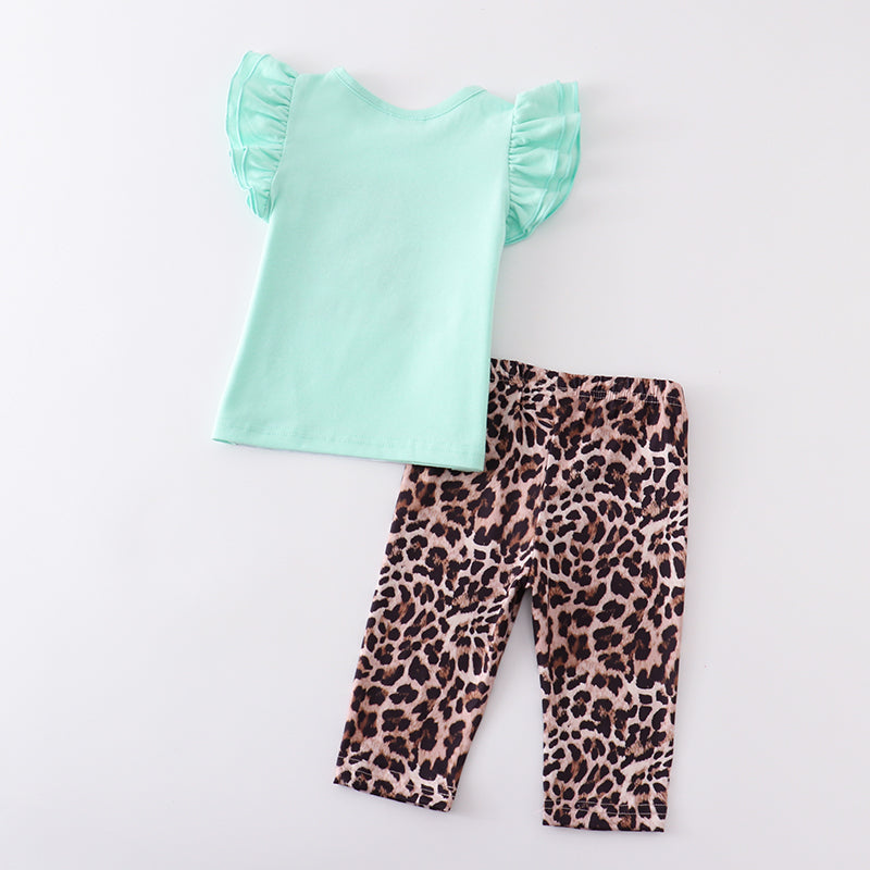 (In Stock E11-01-02)Girls Mint Lightning Print Leopard Capris Set