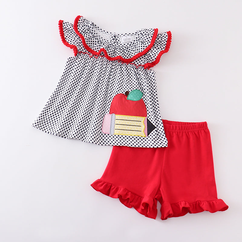 (In Stock E10-01-01)Girls Polka Dot Apple Pencil Embroidery Shorts Set