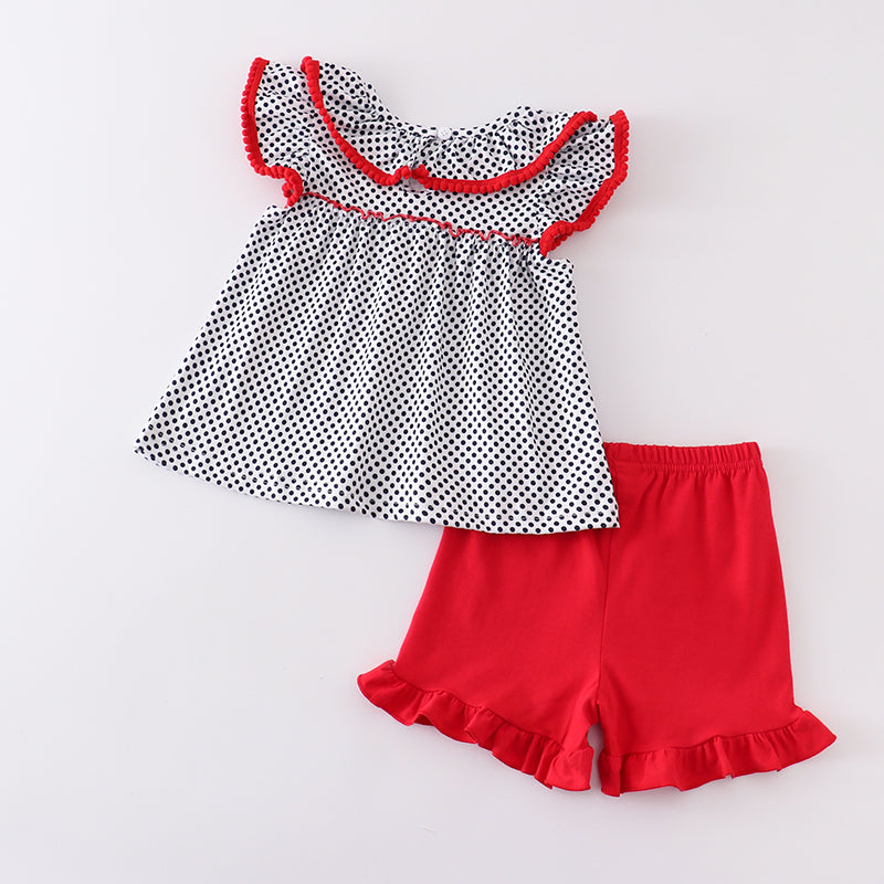 (In Stock E10-01-01)Girls Polka Dot Apple Pencil Embroidery Shorts Set