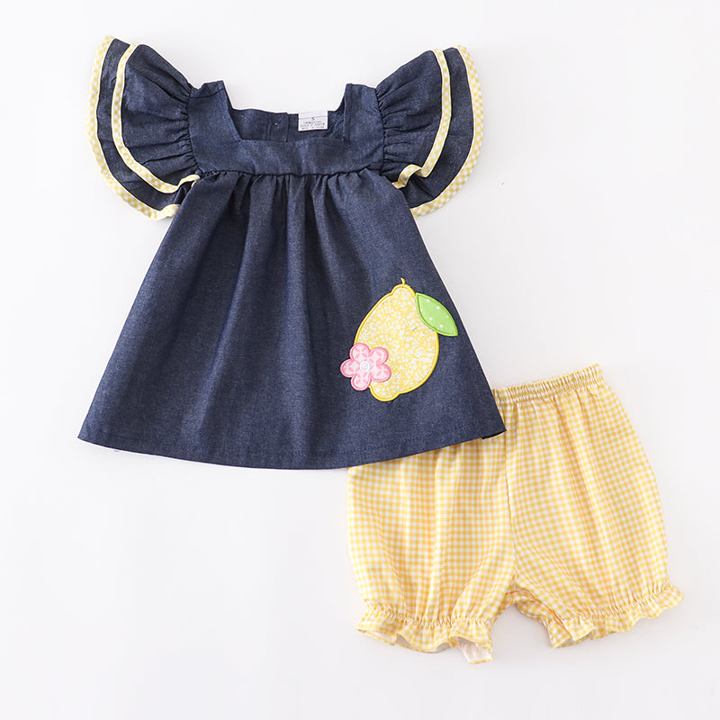 Girls Denim Plaid Shorts Lemon Embroidery Set