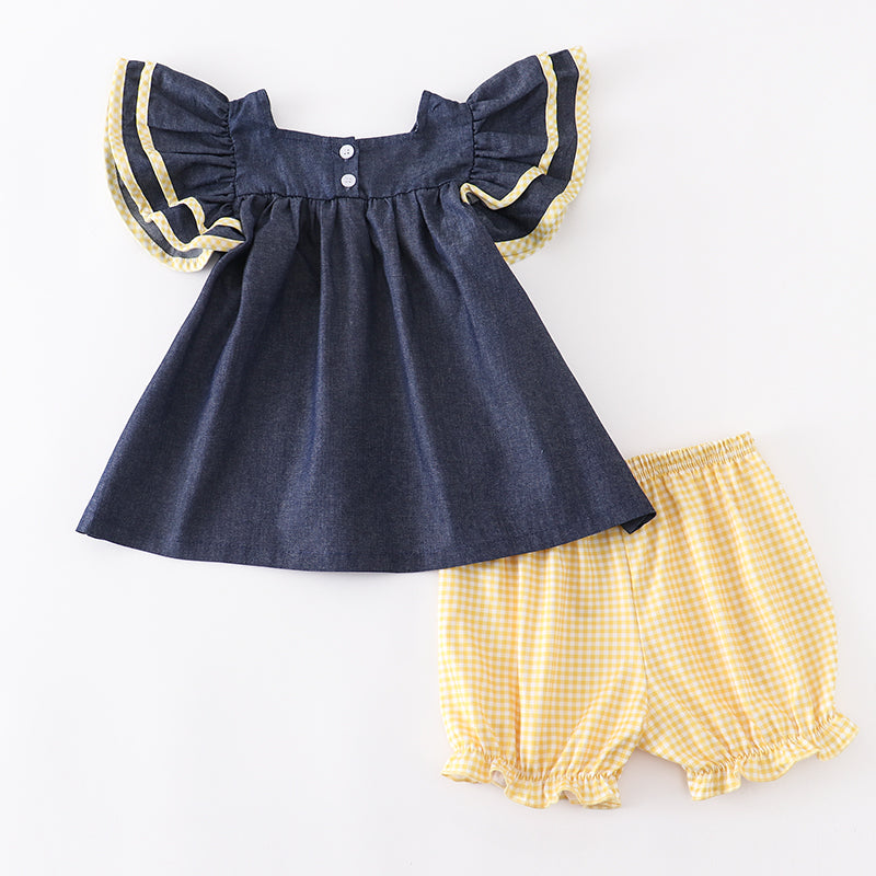 Girls Denim Plaid Shorts Lemon Embroidery Set