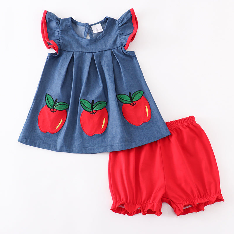 (In Stock E29-02-01)Girls Denim Apple Embroidery Shorts Set