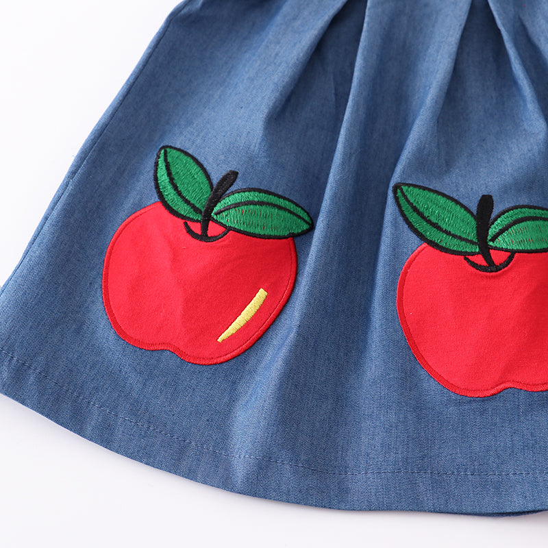 (In Stock E29-02-01)Girls Denim Apple Embroidery Shorts Set