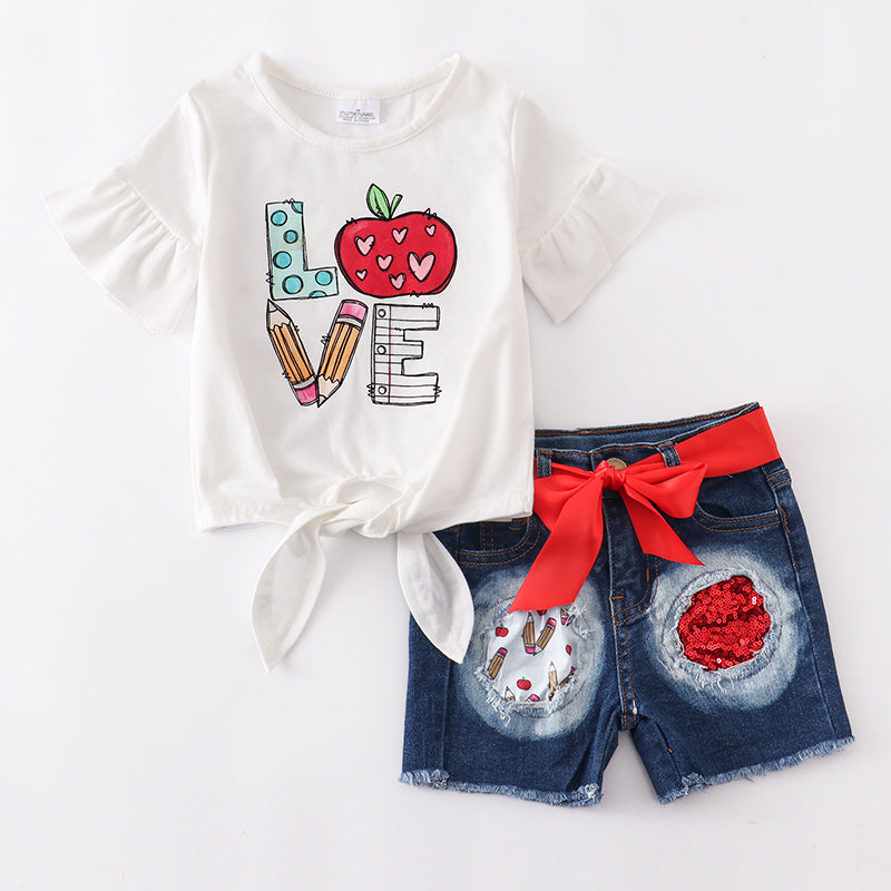 (In Stock E11-02-03)Back To School Love Apple Jeans Set