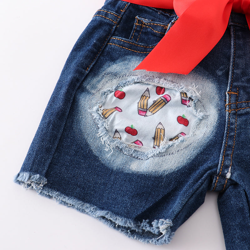 (In Stock E11-02-03)Back To School Love Apple Jeans Set