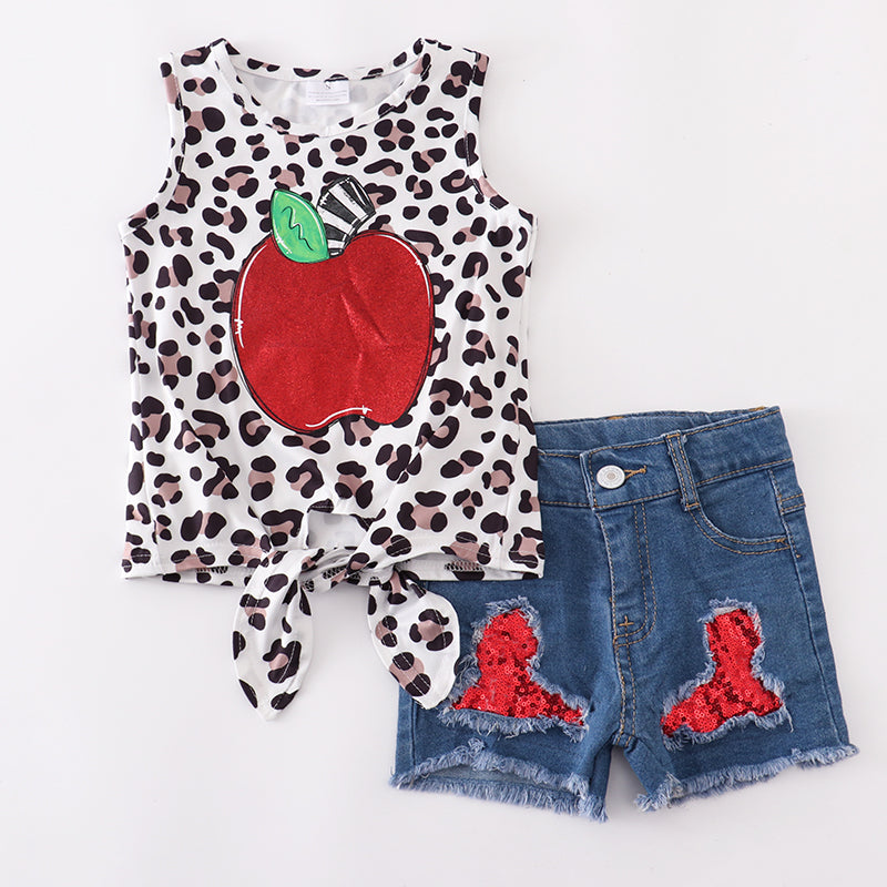 (In Stock E11-01-01)Back To School Leopard Apple Jeans Set