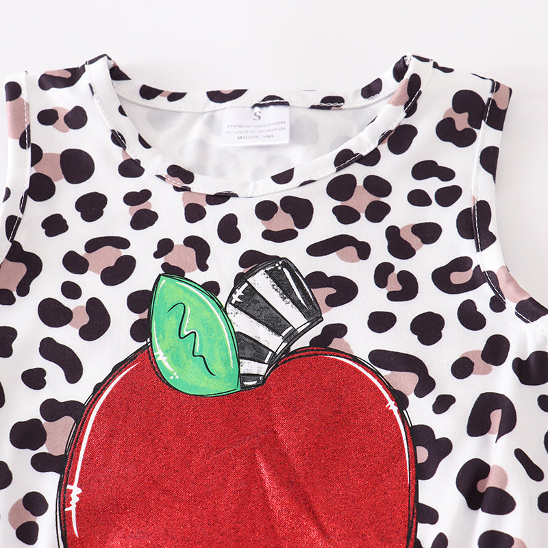 (In Stock E11-01-01)Back To School Leopard Apple Jeans Set