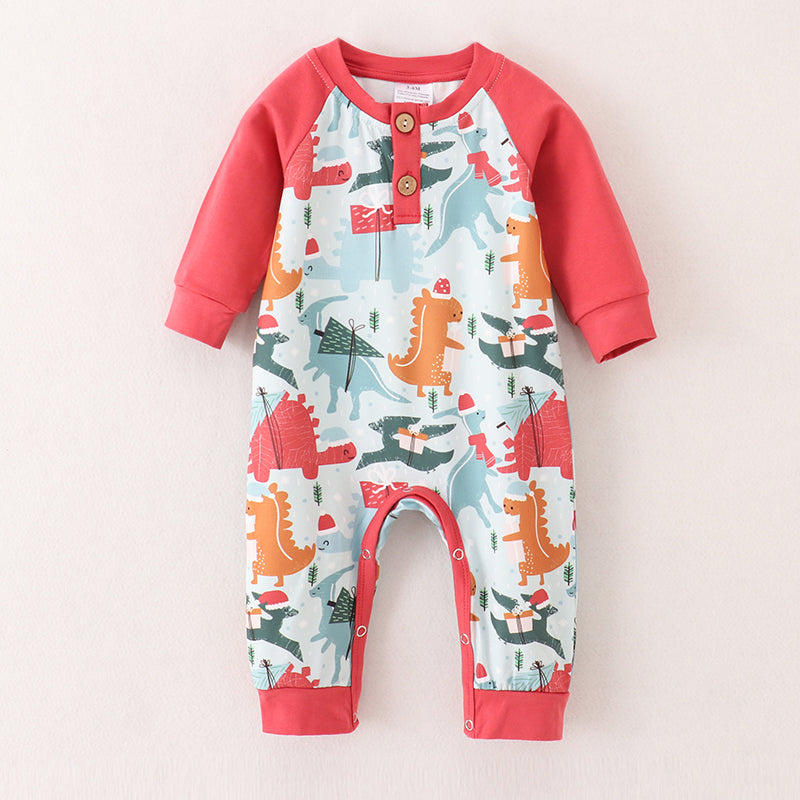 （In Stock G25-1-3）Baby Boys Christmas Dinosaur Print Romper