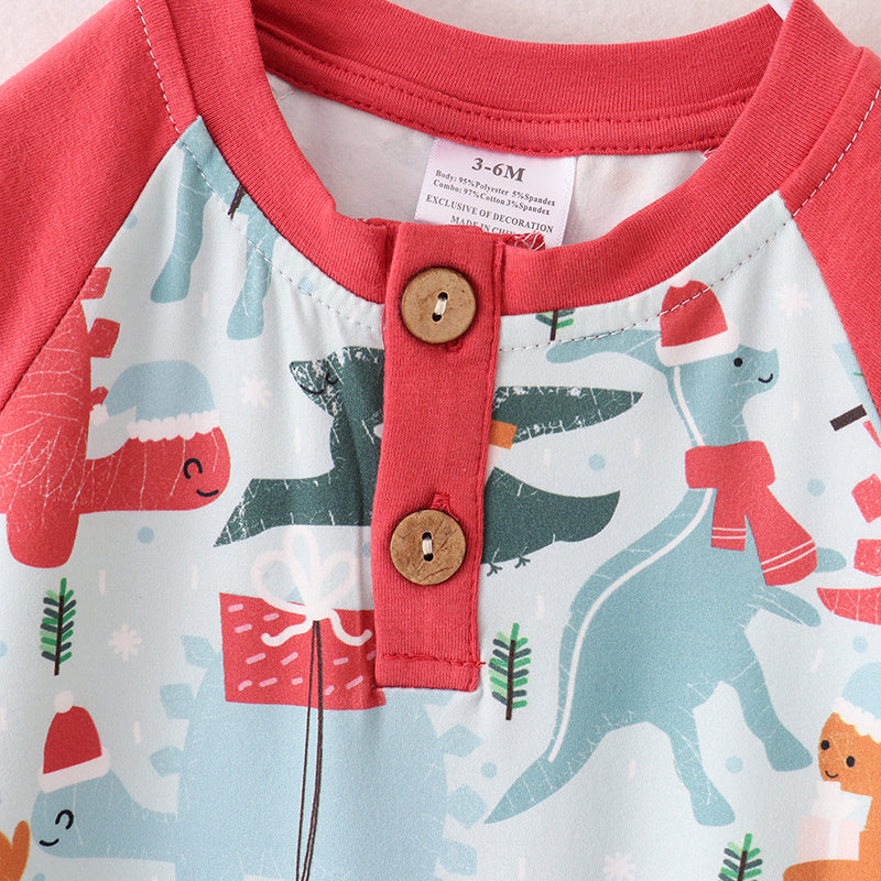 （In Stock G25-1-3）Baby Boys Christmas Dinosaur Print Romper