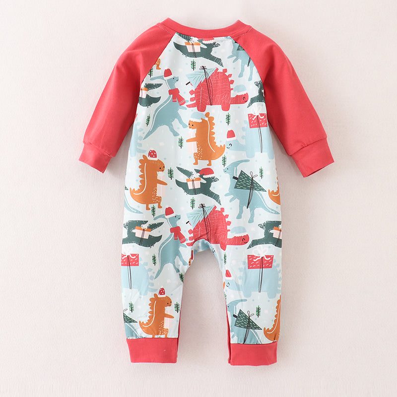 （In Stock G25-1-3）Baby Boys Christmas Dinosaur Print Romper