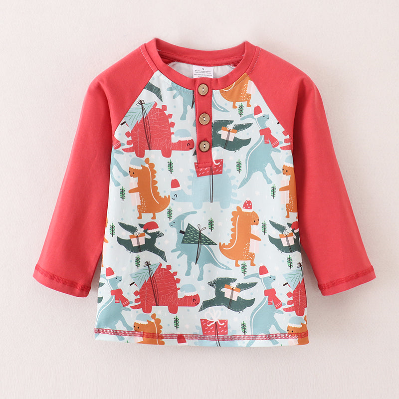 （In Stock L8-2-2）Boys Christmas Dinosaur Print Top