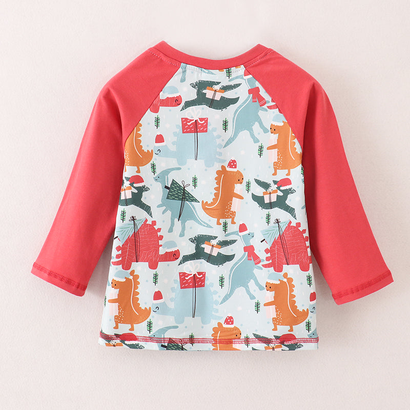 （In Stock L8-2-2）Boys Christmas Dinosaur Print Top