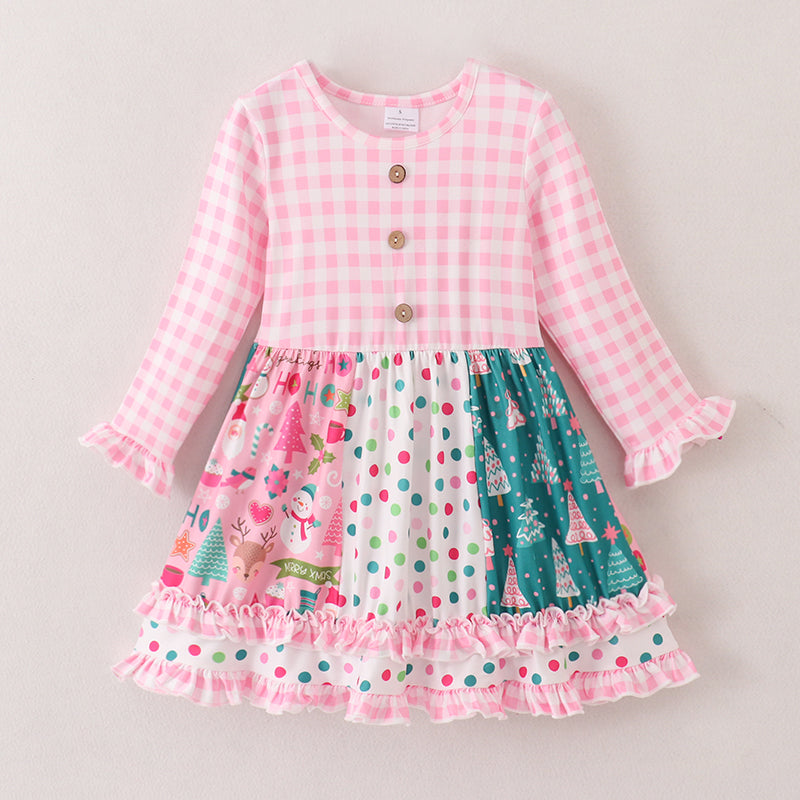 （In Stock E1-1-3）Girls Christmas Stitching Prints Dress