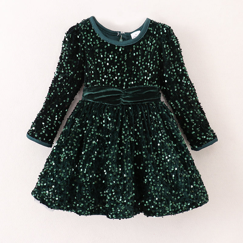 （In Stock G29-1-1）Girls Christmas Sequin Green Velvet Dress