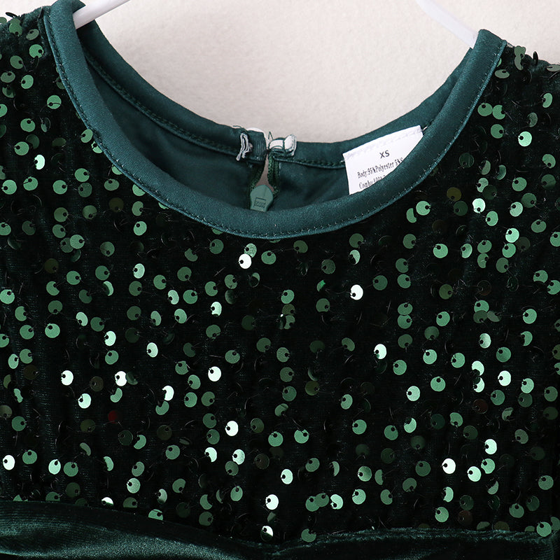 （In Stock G29-1-1）Girls Christmas Sequin Green Velvet Dress