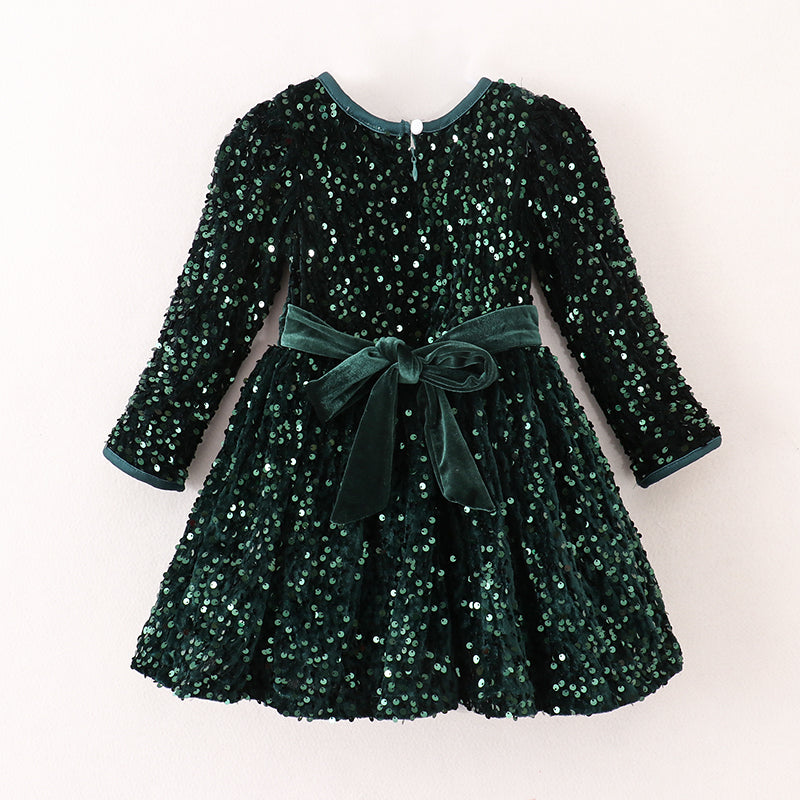 （In Stock G29-1-1）Girls Christmas Sequin Green Velvet Dress