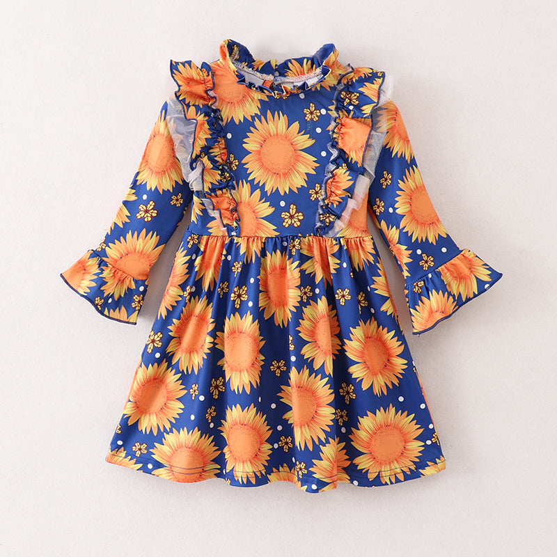 （In Stock E21-3-2）Fall Girls Sunflower Print Dress