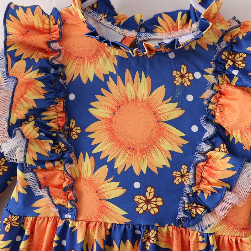 （In Stock E21-3-2）Fall Girls Sunflower Print Dress