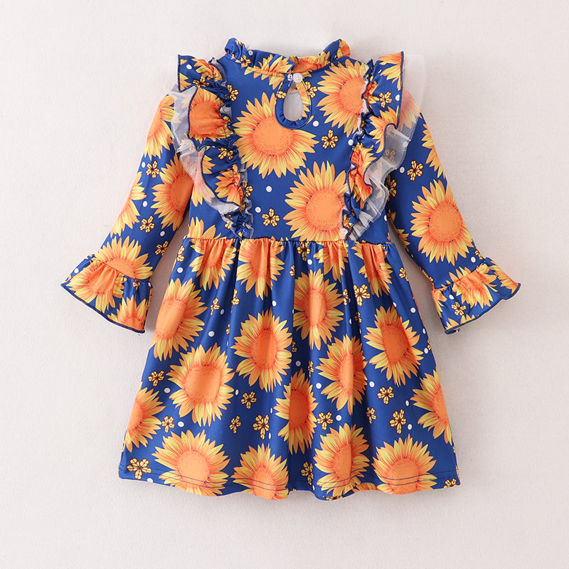 （In Stock E21-3-2）Fall Girls Sunflower Print Dress