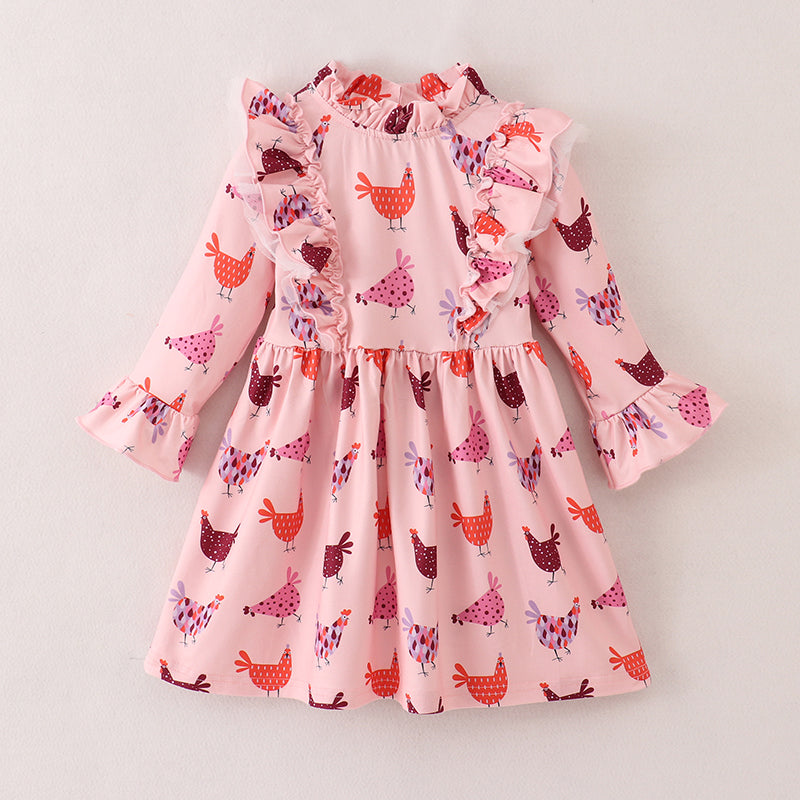 （In Stock E21-1-1）Fall Girls Pink Chick Print Dress