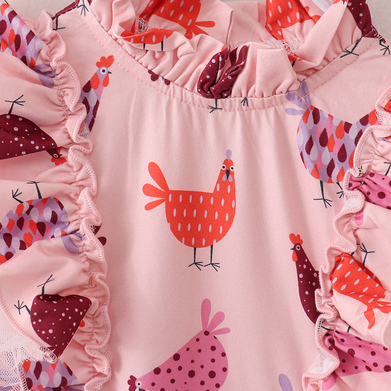 （In Stock E21-1-1）Fall Girls Pink Chick Print Dress