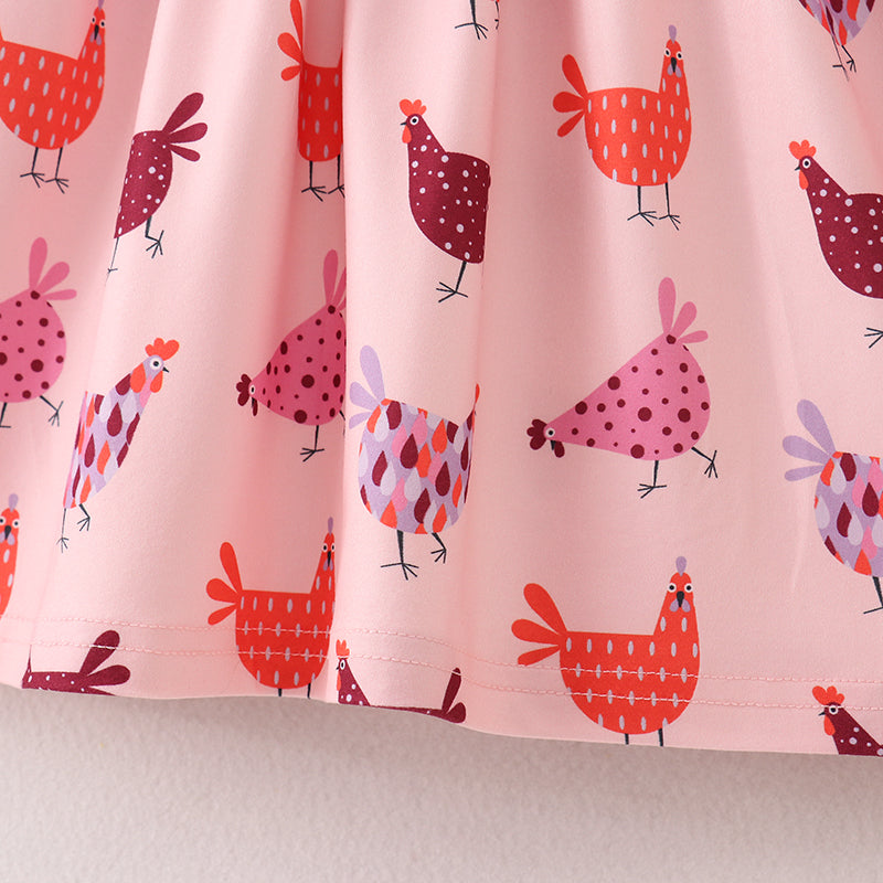 （In Stock E21-1-1）Fall Girls Pink Chick Print Dress