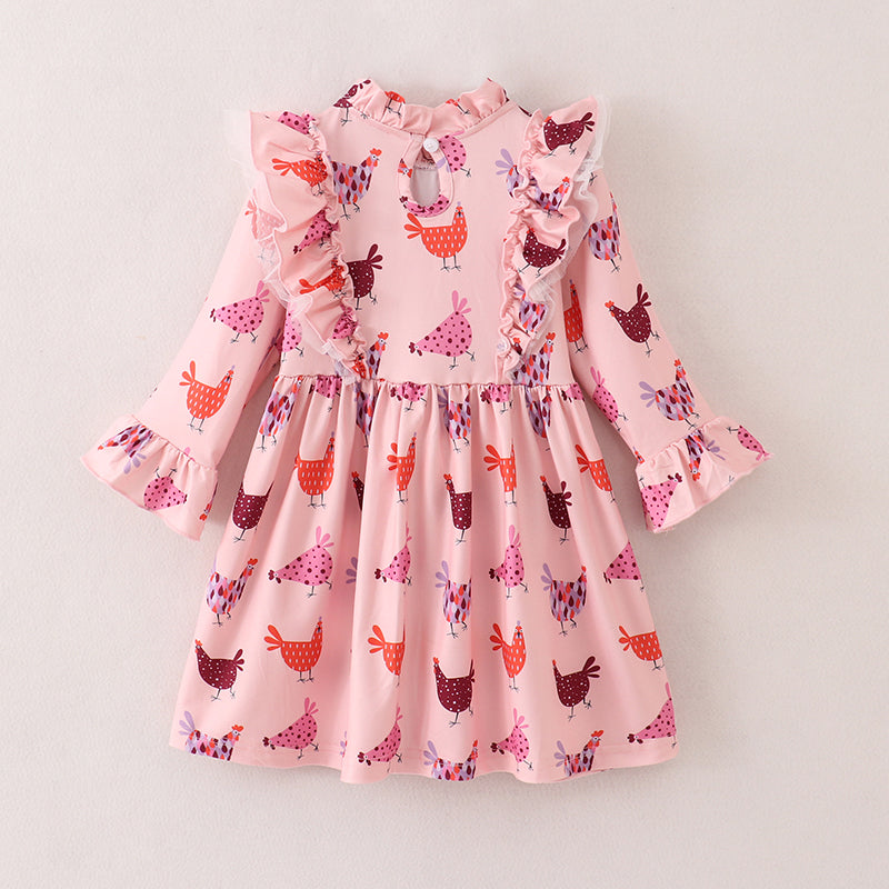 （In Stock E21-1-1）Fall Girls Pink Chick Print Dress