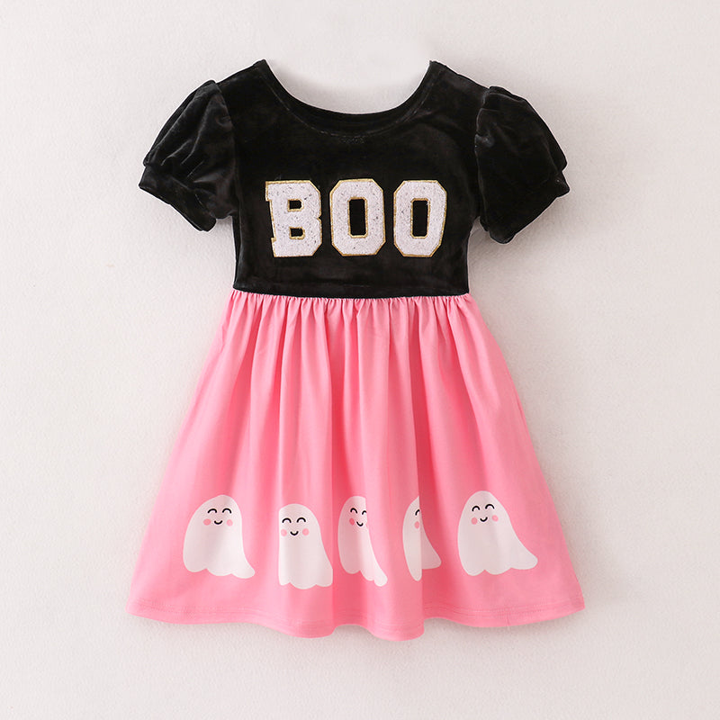 （In Stock E31-4-2）Girls Halloween Chenille Patches Velvet Dress