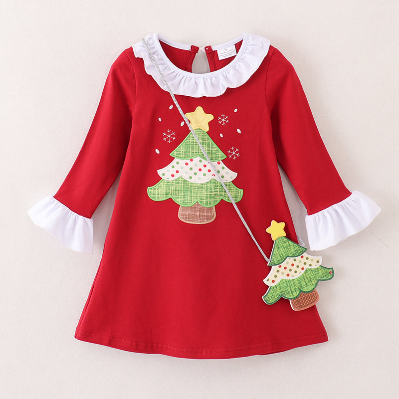 （In Stock E0-2-1）Girls Christmas Applique Dress with Bag