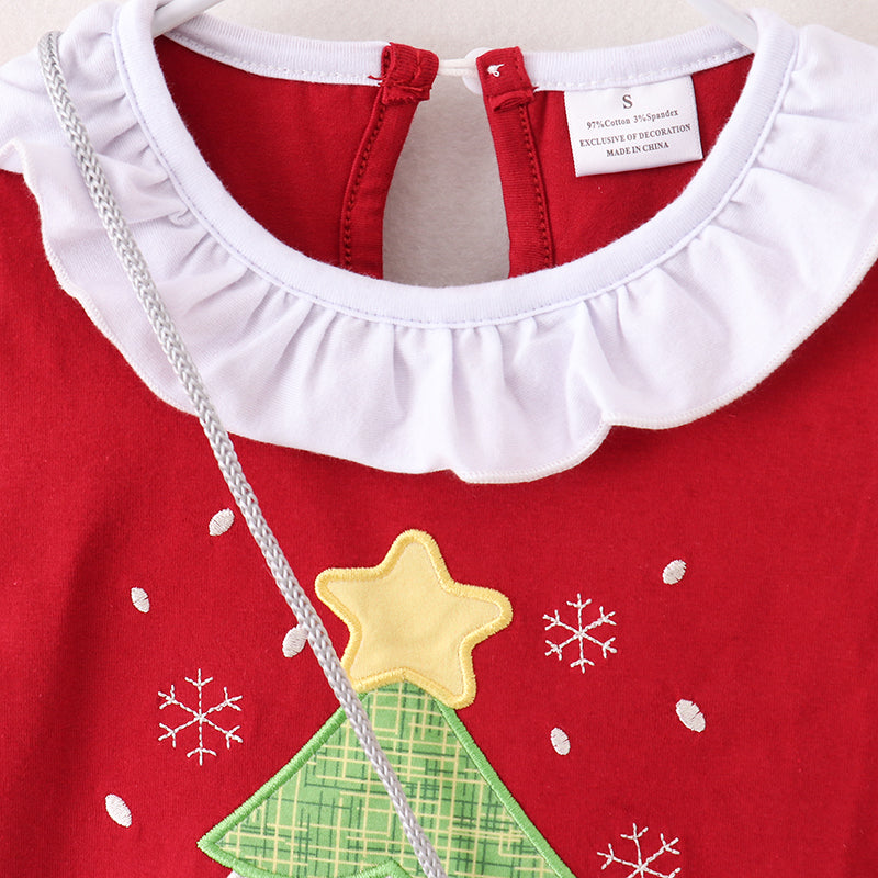 （In Stock E0-2-1）Girls Christmas Applique Dress with Bag