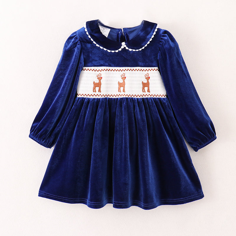 （In Stock E1-2-2）Girls Christmas Embroidery Smocked Velvet Dress