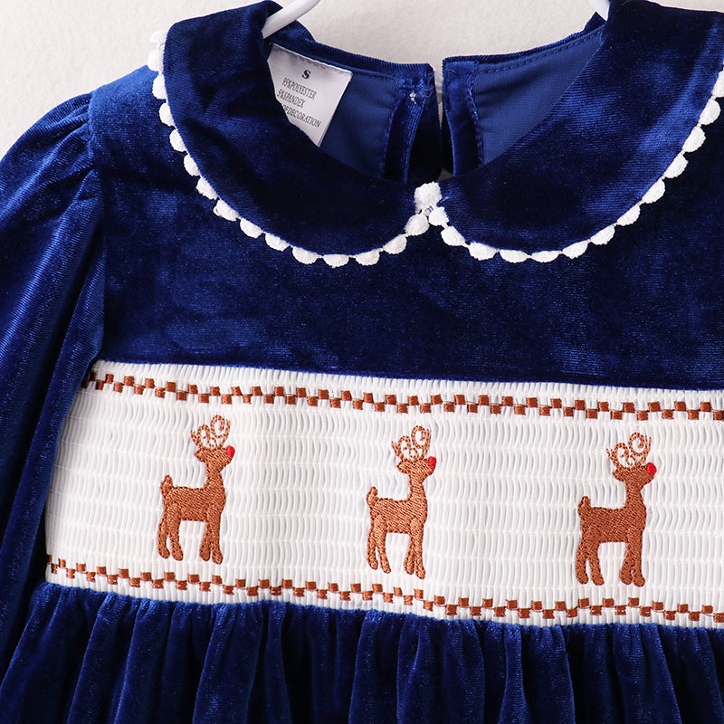 （In Stock E1-2-2）Girls Christmas Embroidery Smocked Velvet Dress