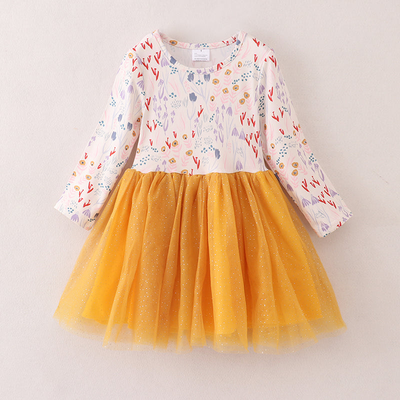 （In Stock E21-4-3）Fall Girls Yellow Tulle Dress