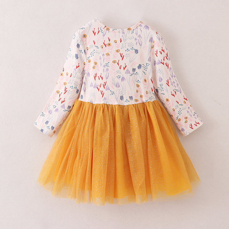 （In Stock E21-4-3）Fall Girls Yellow Tulle Dress