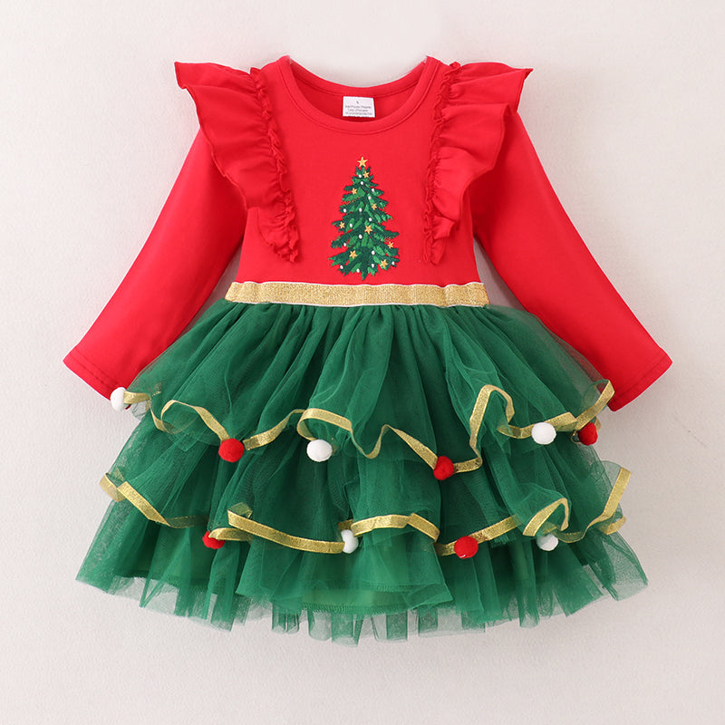 （In Stock G14-4-2）Girls Christmas Tree Embroidery Tulle Dress