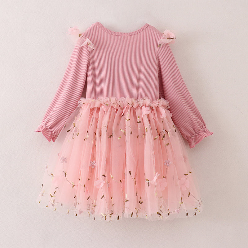 （In Stock E33-1-3）Fall Girls Pink Floral Embroidery Tulle Dress