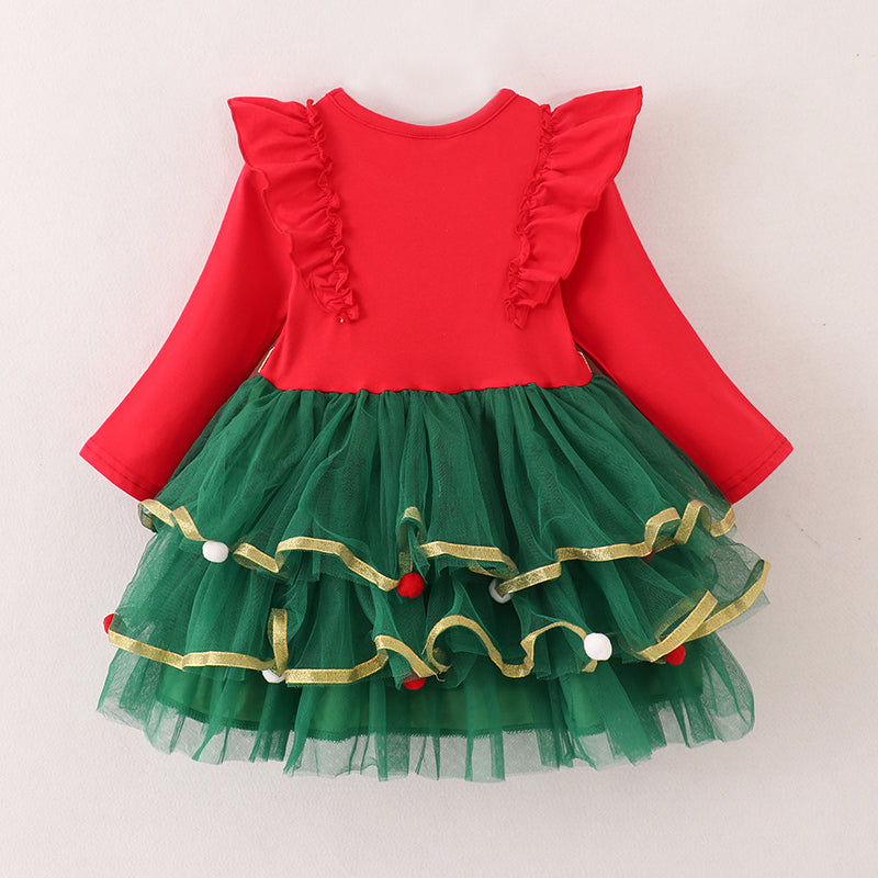 （In Stock G14-4-2）Girls Christmas Tree Embroidery Tulle Dress