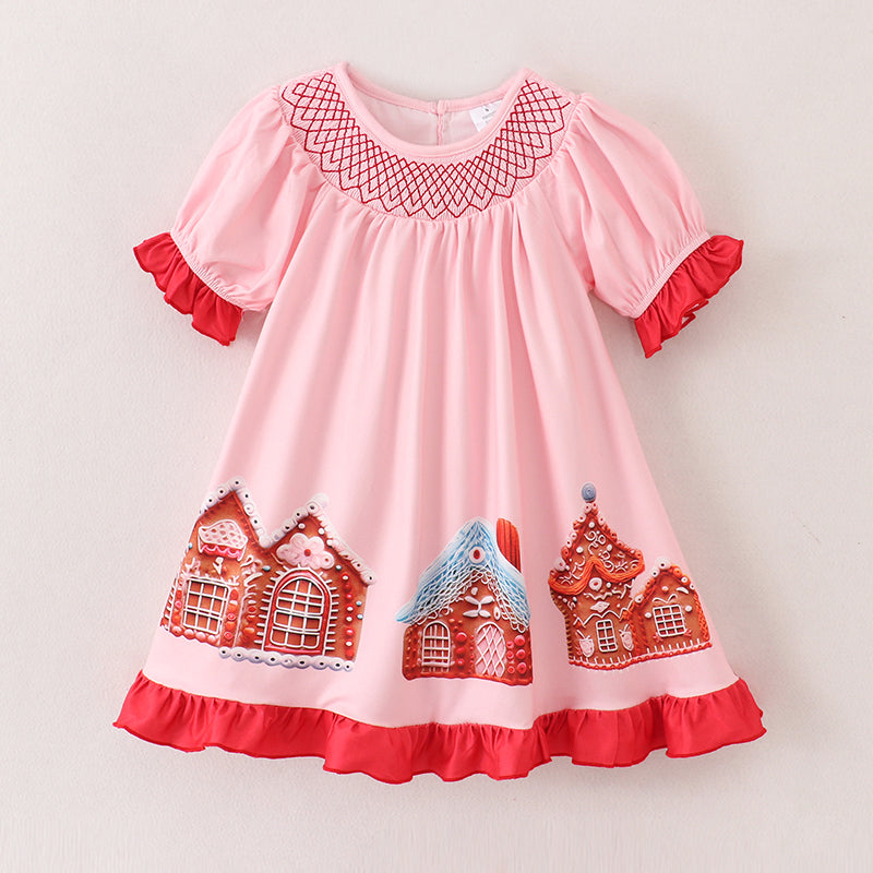 （In Stock E35-1-1）Girls Christmas Print Smocked Dress