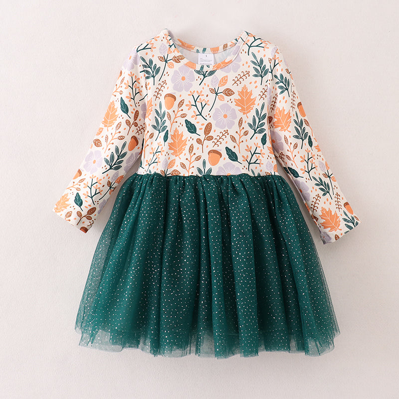 （In Stock E21-5-1）Fall Girls Dark Green Tulle Dress